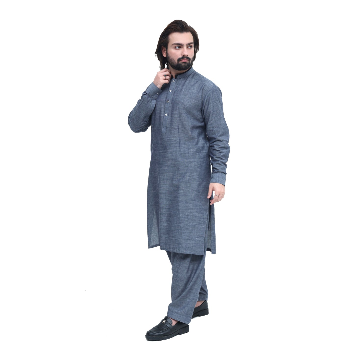 MENS DESIGNED STITCHED SUITE GREY SLUB WITH SHALWAR