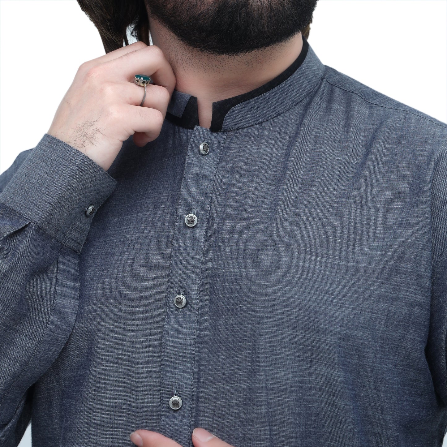 MENS DESIGNED STITCHED SUITE GREY SLUB WITH SHALWAR