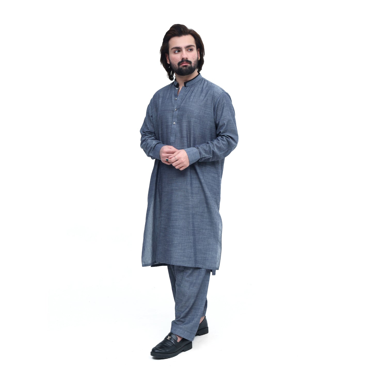 MENS DESIGNED STITCHED SUITE GREY SLUB WITH SHALWAR