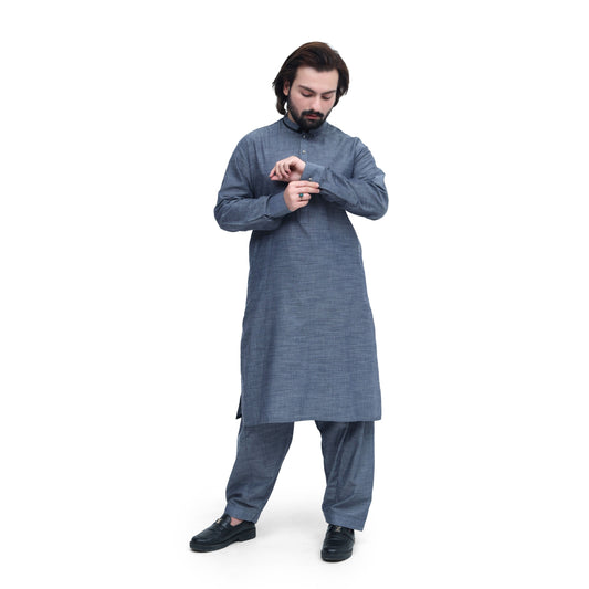 MENS DESIGNED STITCHED SUITE GREY SLUB WITH SHALWAR