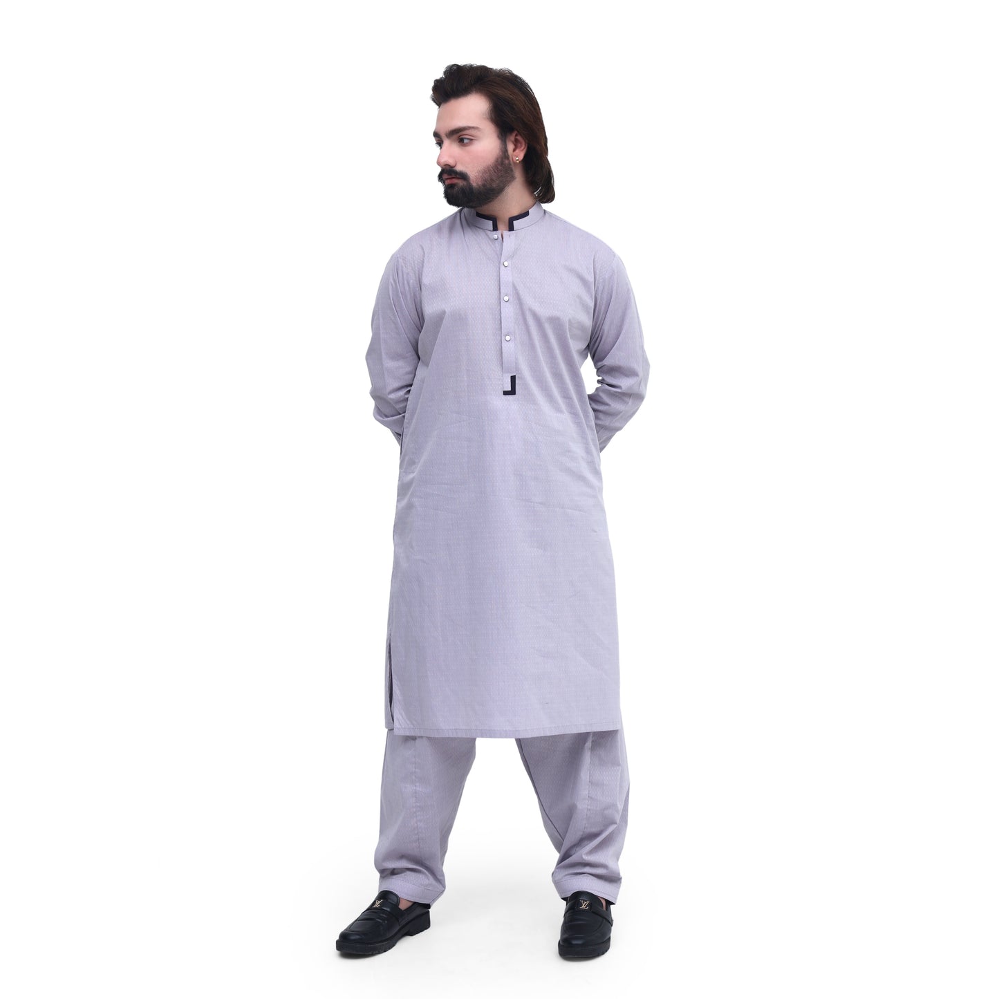 MENS DESIGNED STITCHED SUITE GREY SLUB WITH SHALWAR