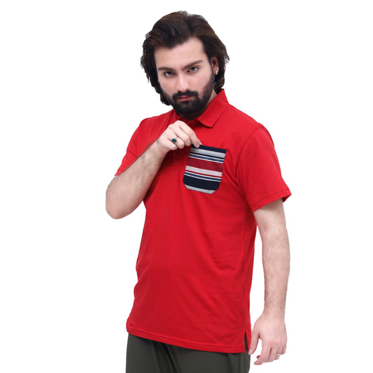 Men's Red Performance Collar T-Shirt – Breathable & Lightweight